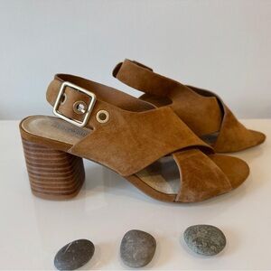 Brown Suede Block Heels with Cross-Strap Design